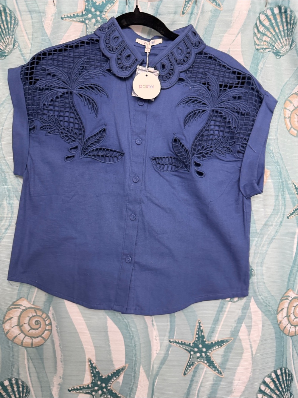 Pastels Blue Crochet-Detail Button-Up Top